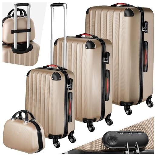 TecTake® set valigie pucci, set di valigie con rotelle girevoli a 360°, beauty case incluso, trolley da viaggio, serratura di sicurezza, adatto per tutti i tipi di viaggi - champagne