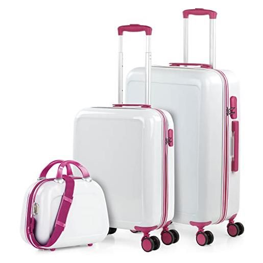 ITACA - set valigia media e valigia bagaglio a mano. Set valigie rigide per viaggi aereo - set trolley valigia rigida - set valigie rigide con lucchetto 702600b, bianco-fucsia
