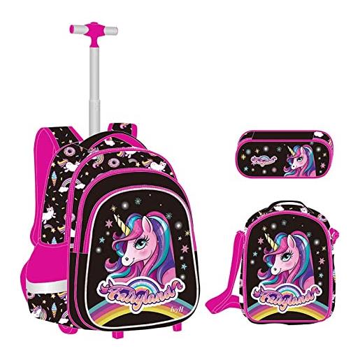 IvyH unicorno zaino trolley ragazze set da 3 pezzi, zaino ruote scuola elementare borsa trolley con borsa pranzo borsa per penna ideale per bambini studenti della classe 1-6