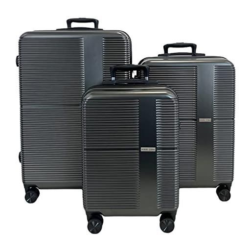 ESS COO - valigie cabina/media/grande / set bagagli rigido abs a 4 ruote girevoli con serratura tsa integrata, grigio, set de 3, valigia rigida