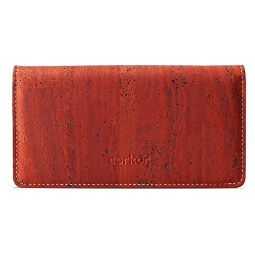 Corkor portafoglio in sughero da donna vegan slim per carte minimalista per banconote e monete con chiusura a scatto, rosso, medium, moderno