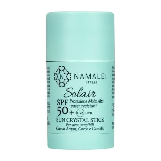 Namalei, sun crystal stick spf 50+, protezione solare, aree sensibili, nei, tatuaggi, cicatrici, formula delicata e impermeabile, con olio di argan, cocco e camelia, 25 ml