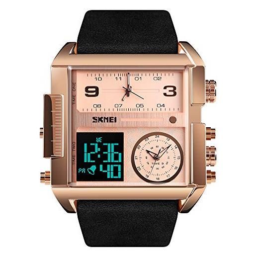 SKMEI orologio da polso digitale sportivo da uomo, con quadrante quadrato grande, al quarzo, con cronometro impermeabile multi-fuso orario moda 2.17*2*0.59 inch oro rosa e nero. 