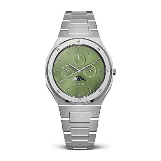 Valuchi moda lusso uomo lunar calendar impermeabile acciaio inossidabile moonphase vetro zaffiro giapponese quarzo analogico casual watch con data (verde argento)