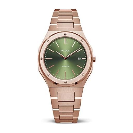 Valuchi orologio di lusso da uomo date-master in acciaio inossidabile con vetro zaffiro al quarzo (verde oro rosa)