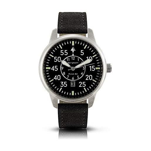 Bergmann, orologio pilot 02, cinturino in pelle scamosciata, colore nero