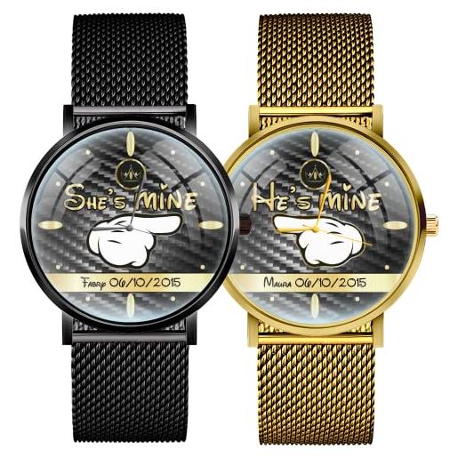 EREMITI JEWELS orologi di coppia personalizzati con nomi iniziali date idea regalo per fidanzati e amici (she's mine + he's mine)