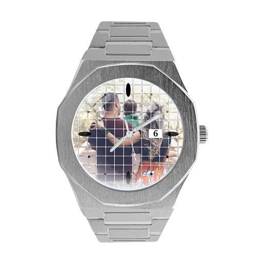 EREMITI JEWELS orologio personalizzato con datario - exagonal date - personalizza con foto immagine logo testo stampa alta definizione marcatempo in rilievo 3d effect modello unisex (acciaio)