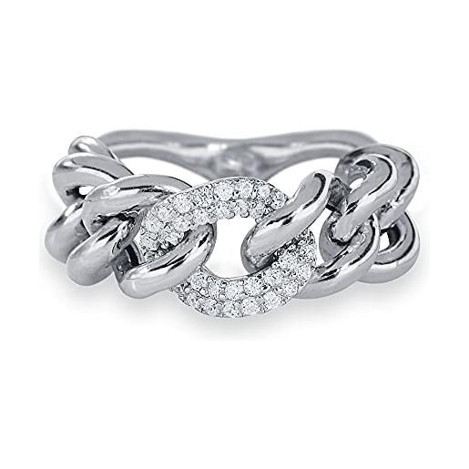 Artlinea, anello catena in argento 925, gioiello realizzato in argento placcato rodio con pavé di zirconi, misura 14, made in italy