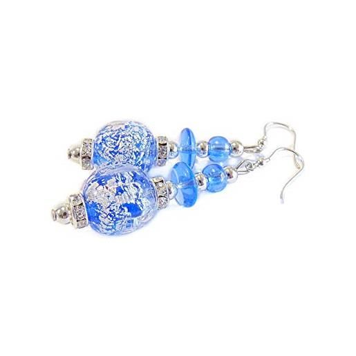 VENEZIA CLASSICA - orecchini da donna con perle in vetro di murano originale, collezione diana, con foglia in argento, made in italy certificato (blu)