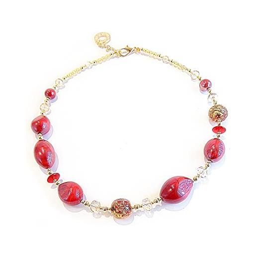 VENEZIA CLASSICA - collana da donna girocollo con perle in vetro di murano originale, collezione gloria, rosso con foglia in oro 24kt, made in italy