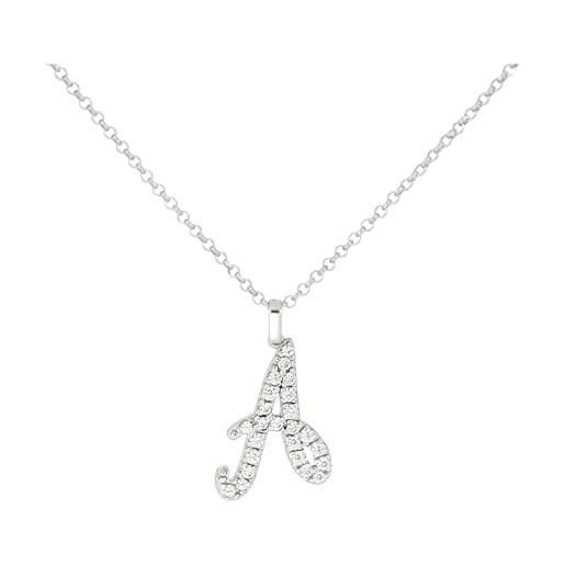 Artlinea, collana in argento 925 sterling, gioiello personalizzabile con pendente grande corsivo di zirconi, misura da 43 a 47 cm, chiusura a moschettone, made in italy