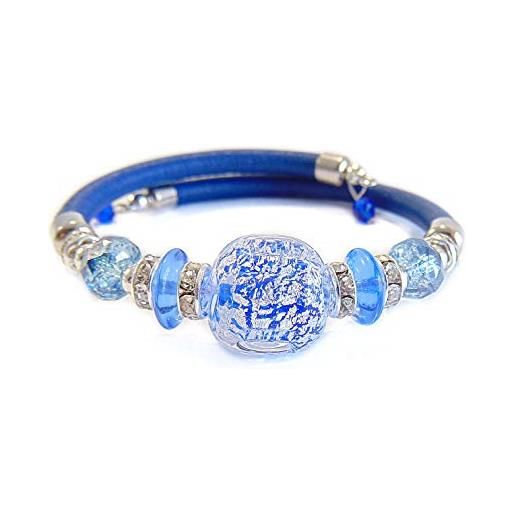 VENEZIA CLASSICA - bracciale da donna con perle in vetro di murano originale e vera pelle toscana, collezione diana, con foglia in argento, made in italy certificato (blu)