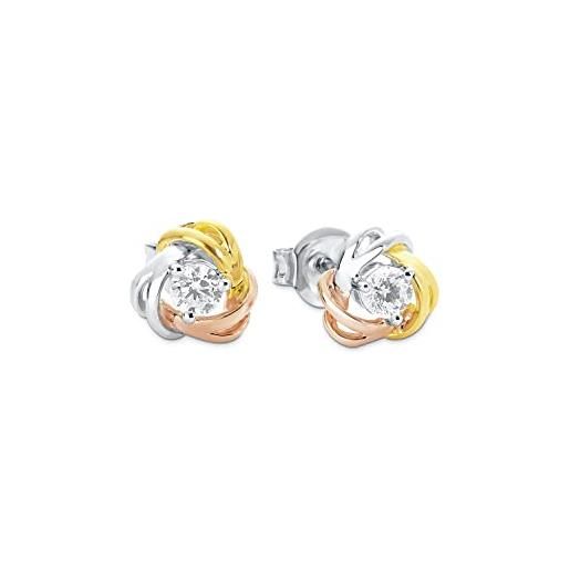 Amor orecchini a perno orecchini da donna in argento 925, con zirconi sintetici, 0.8 cm, tricolore, nodo, forniti in confezione regalo per gioielli, 9618545