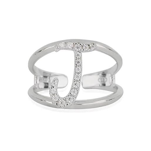 Artlinea, anello in argento 925 sterling, gioiello personalizzato con la lettera j corsiva, con pavé zirconi, retro aperto con misura regolabile 19-24, made in italy