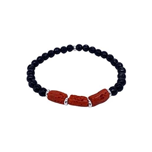 sicilia bedda - bracciale elastico in corallo rosso del mediterraneo - prodotto realizzato a mano - idea regalo (3 pietre argento 925 uomo (20.5_22))