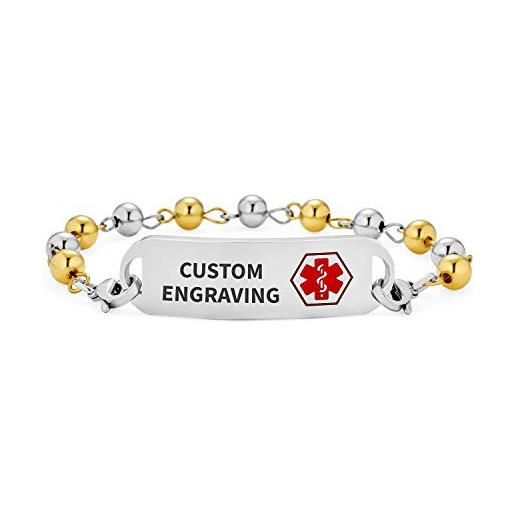 Bling Jewelry personalizzato identificazione medica allarme id bracciale palla perlina link catena per le donne oro 2 toni acciaio personalizzato inciso