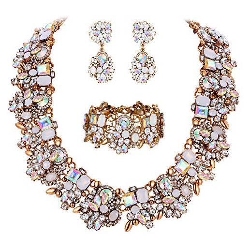 EVER FAITH gioielli donna, cristallo vintage floreale girocollo chunky choker jewellery set di gioielli iridescente trasparente ab antico oro-fondo
