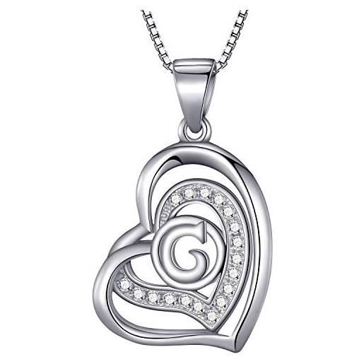 Morella collana donna a forma di cuore lettera g con zirconi bianchi 46 cm argento 925 rodiato