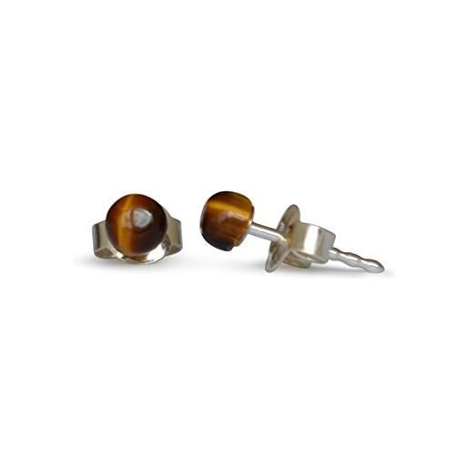 Vifaleno orecchini a bottone con gemma occhio di tigre, naturale, piatto tondo, 4mm, argento 925
