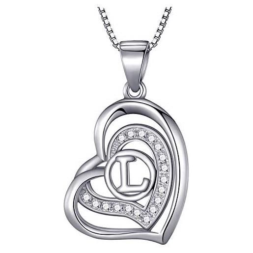 Morella collana donna a forma di cuore lettera l con zirconi bianchi 46 cm argento 925 rodiato