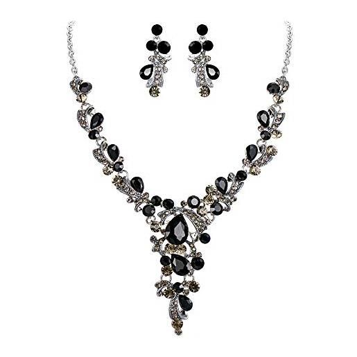 Clearine gioielli set matrimonio sposa cristallo foglio della vite gocce d'acqua vuoto statement orecchini pendenti con collana set grigio nero argento-fondo