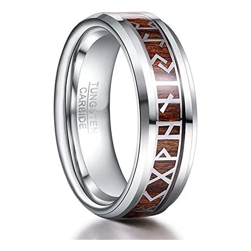 TUNGSTORY anello runico vichingo da uomo 8mm fede nuziale in argento con intarsio in legno anelli di tungsteno bordi smussati taglia 25