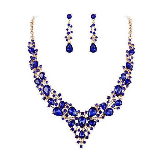 EVER FAITH collana e orecchini da donna, cristallo austriaco fiore vite goccia sposa incontro parure gioielli sapphire blu