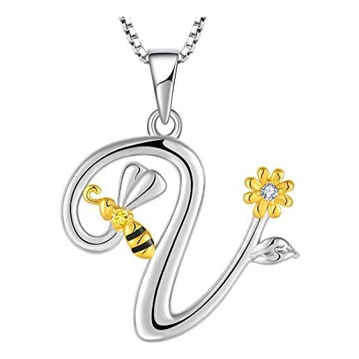 FJ collana lettera v argento 925 donna collana con ciondolo iniziale alfabeto collana ape girasole margherite con zirconia cubica gioielli regalo per donna