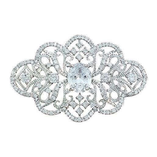 QUKE elegante spilla da sposa in cristallo austriaco con zirconia cubica color argento, cristallo, zirconia cubica