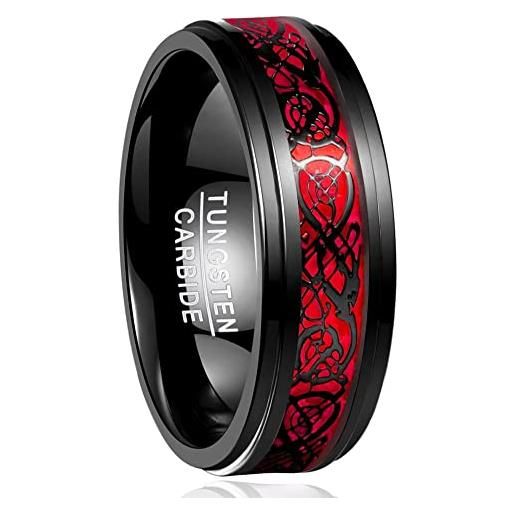 NUNCAD 8 mm anello in tungsteno drago celtico nero con carta opalina rossa uomo donna per matrimonio fidanzamento anniversario, taglia 24.5