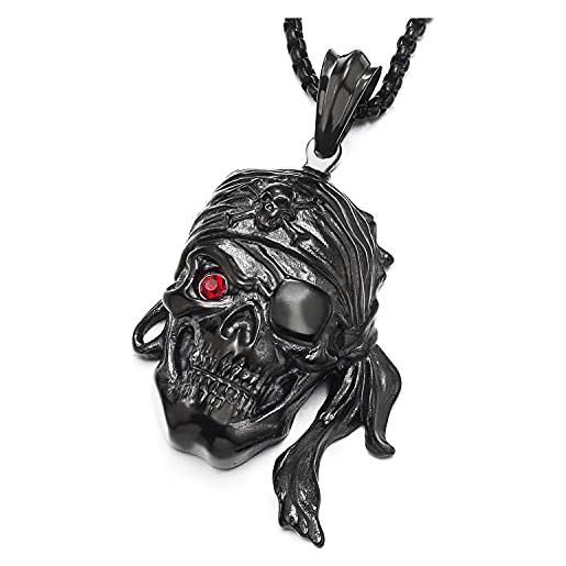 COOLSTEELANDBEYOND nero vichingo pirata cranio ciondolo, collana con pendente teschio da uomo, acciaio, biker, gothic, catena grano 75cm