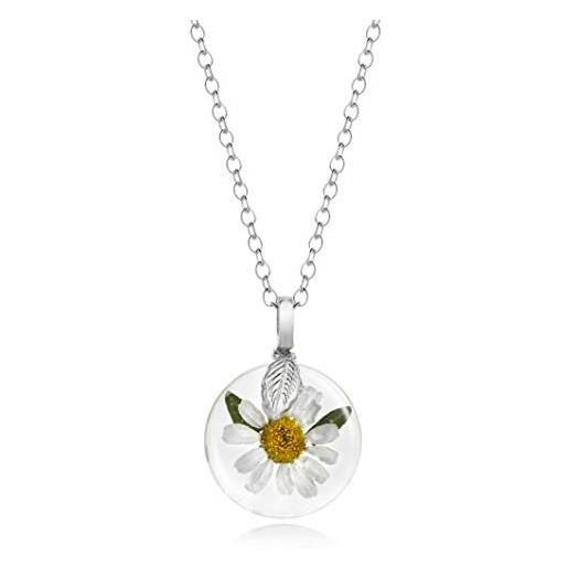 Natural Flower Jewellery ciondolo rotondo e piatto con fiore naturale, realizzato con una vera e propria piccola margherita in resina, con raccordi in argento sterling e catena. 