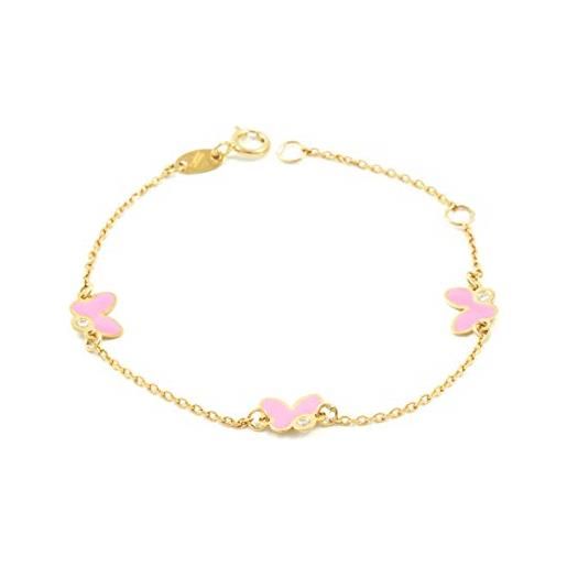Monde Petit bracciale bambina farfalle smaltato rosa - oro giallo 9k (375) - scatola regalo - certificato di garanzia