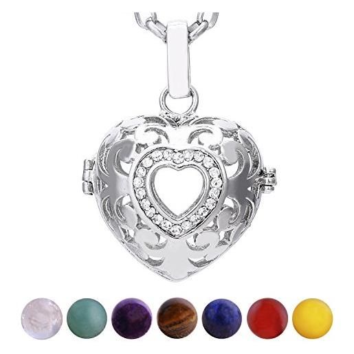 Morella collana donna acciaio inossidabile 70 cm con ciondolo cuore amore e 7 sfere con pietre preziose gemme minerali in un sacchetto di velluto