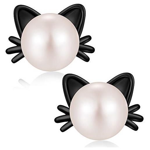 jiamiaoi orecchini gatto neri orecchini donna argento 925 orecchino perle gatto nere orecchino a forma di gatto orecchini gatti nero orecchino con perle bianca gatto gioielli orecchini per ragazze