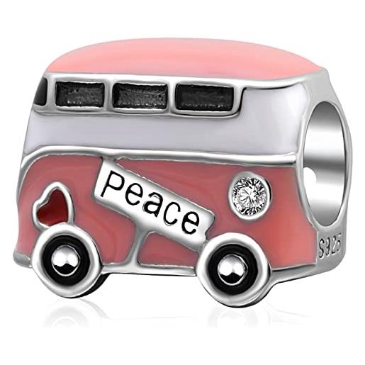 GLOWDAS bus della pace charms, 925 argento sterling pink smalto campervan mini car beads, london double decker bus charm, fit pandora travel retirement bracelet, regali per zia/nipote/cugino/figlio