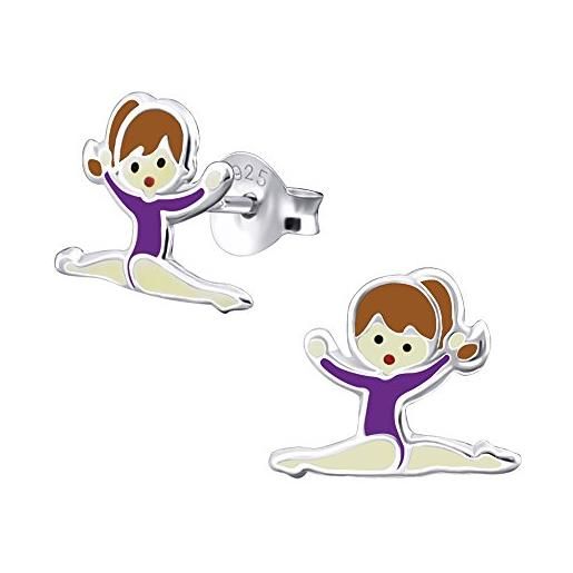 Katy Craig - coppia di orecchini a bottone piccoli in argento sterling a forma di ginnasta bambina con body viola, confezione regalo