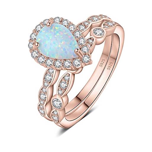 JewelryPalace 3ct vintage halo anello infinito donna argento 925 con creato opale bianco, anelli impilabili donna con pietra a pera, fedi nuziali oro rosa anello fidanzamento set gioielli donna 14.5