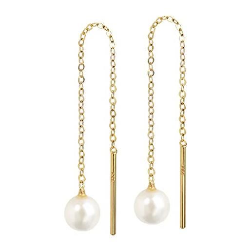 NKlaus coppia di orecchini con perle d'acqua dolce 4,2 mm in oro giallo 333 8 carati con catena ad ancora perle taglio diamante orecchini d'oro 7962