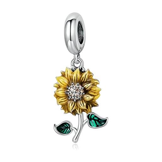 Qings ciondolo girasole charms argento sterling 925 sunflower fiore oro ciondoli con zirconi cubici compatibile con braccialetti e collane