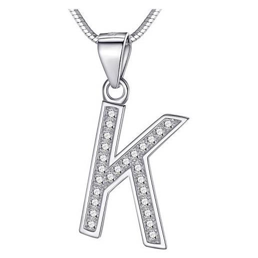 Morella collana donna con ciondolo a forma di lettera k in argento 925 rodiato, lunghezza 45 cm