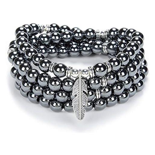 Self-Discovery Mala braccialetto di perline yoga ispiratore 108 collana di pietra mala con delicato ciondolo piuma portafortuna (ematite (hematite))
