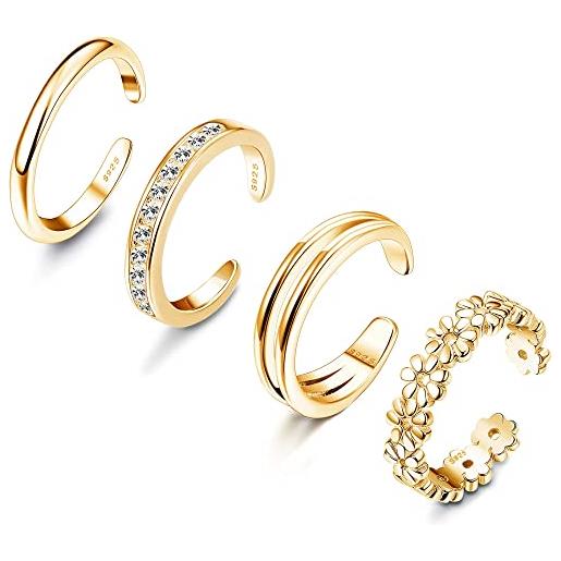 LOLIAS 4 pezzi set di anelli aperti argento sterling 925 anelli open toe ring per donna ragazze anelli aperti regolabili ipoallergenici anelli con coda anello piede spiaggia gioielli