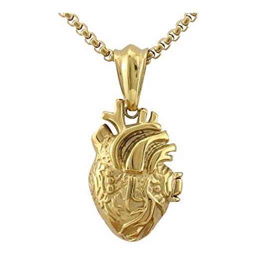 Serebra Jewelry - collana con ciondolo a forma di cuore anatomico 3d, in acciaio inox, argento, colore: nero, oro, unisex, argento sterling, 