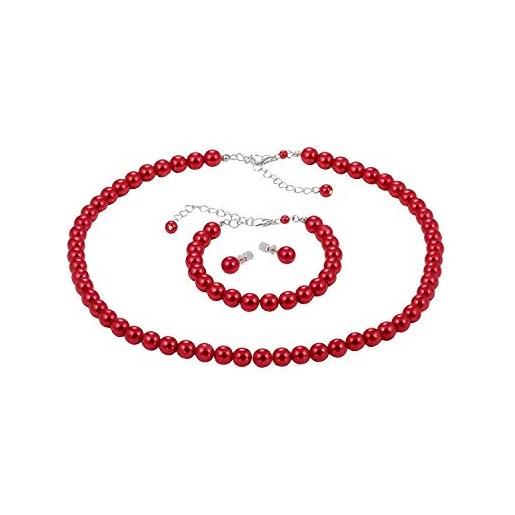ba bijou-art parure con collana di perle rosse, braccialetto e orecchini in titanio, gioielli con perle da 0,8 cm, placcata in argento