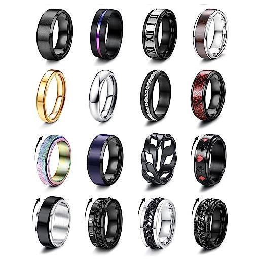 ADRAMATA 16 pezzi anello uomo anelli in acciaio inox set ansia anelli cool band anelli argento nero anelli per uomo anello spinner anello fidget per antistress