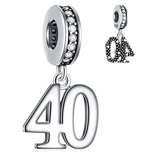 GLOWDAS 40 anni anniversario dangle charms si adatta pandora san valentino bracciale, 925 sterling silver 40th compleanno pendente perline con cz, numero 40 bday regali per matrimonio/moglie/sposa