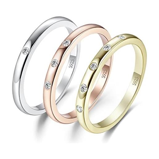 JewelryPalace classici anelli impilabili donna argento 925 con cubic zirconia, anello promessa solitario donna argento anello rosa a tre pietre anello dorato con 5 pietre, fedi matrimonio set anelli