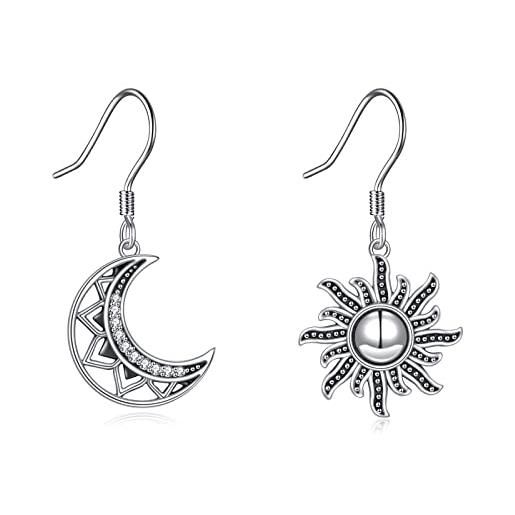 ONEFINITY orecchini in argento sterling 925 con sole e luna, orecchini a forma di piuma, pendenti, gioielli bohémien, regalo per donne, argento sterling, nessuna pietra preziosa